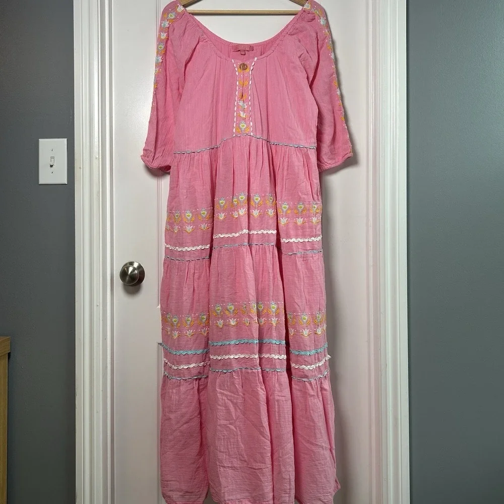 Simply Southern Pink 100%‎ Cotton Gauze Embroidered Tiered Maxi Dress Boho Style